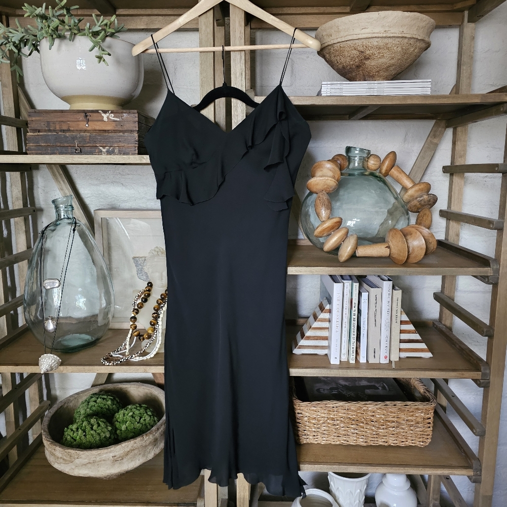 Vintage Max Studio Black Silk Bias Cut Midi Slip Dress Y2K Sz L - Picture 3 of 6